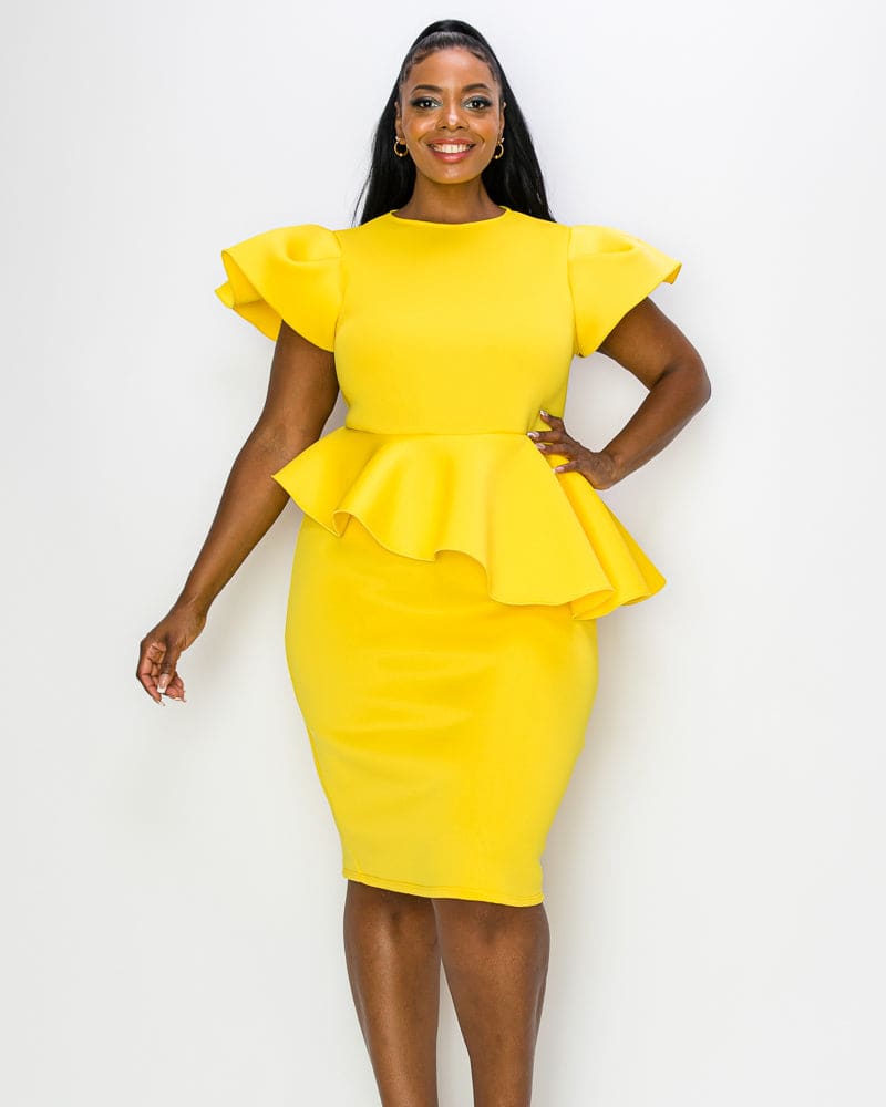 Front of a model wearing a size 1X Calista Peplum Dress in Yellow by L I V D. | dia_product_style_image_id:241587